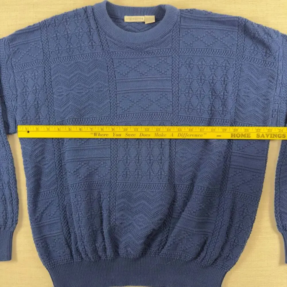 Vintage Claiborne Blue Textured Patchwork Knit Cotton Sweater Made in‎ USA